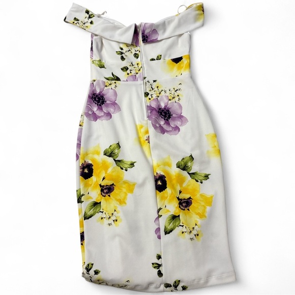 Premier Amour Off Y2k Shoulder Floral Bodycon Dress White Yellow Purple Size 6 - Picture 3 of 6
